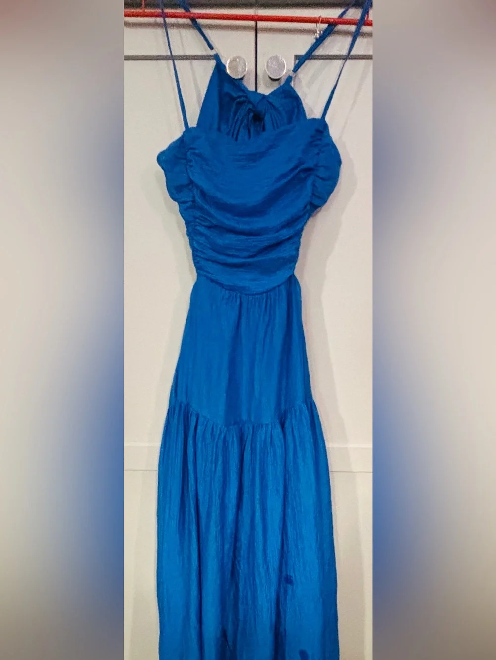 Moon River SHIRRED TIERED CUTOUT BACK TIE MIDI DRESS Size M